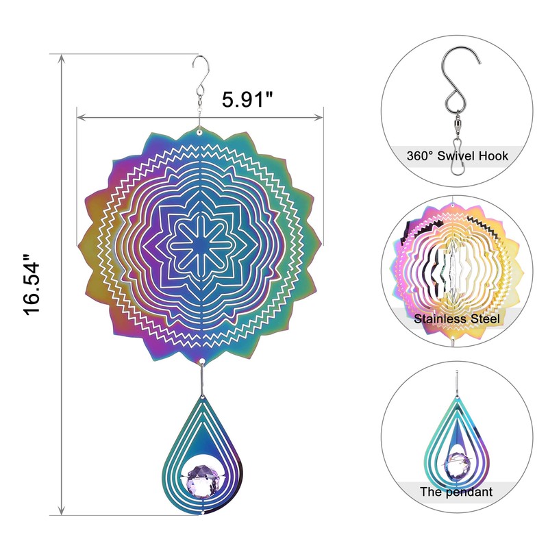 Lpraer ハンギングウィンドスピナー 6インチ ステンレススチール 3D カラフル アート キネティック マンダラ ウィンドスピナー