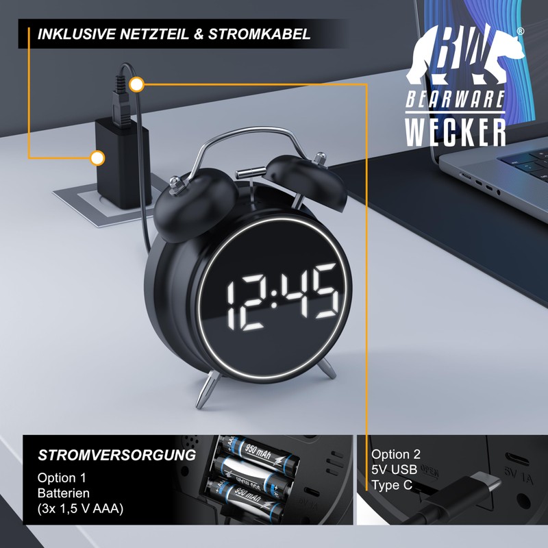 CSL - Wecker digital - Retro Design – lauter Glockenalarm
