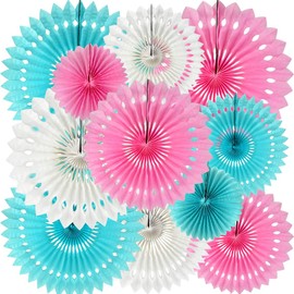 He or She Gender Reveal Party Supplies Blue Pink White Hanging Honeycomb Round Paper Fans for Birthday Baby Shower Bachelorette Anniversary Wedding Photo Booth Backdrop Party Decoration(11 Packs)