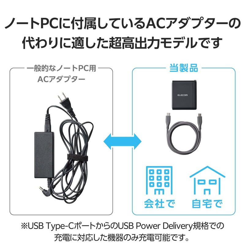 Elecom ACDC-PD65100BK Charger, 100 W, 3 Ports, USB PD Compatible,