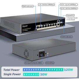 Ztyuav 12-Port Full Gigabit Unmanaged PoE Switch with 8 PoE+ Ports @120W, 2 Uplink and 2 SFP Slots-IEEE802.3af/at, QoS, PD Auto-Detection, VLAN Mode, Metal Fanless Network Switch Plug & Play