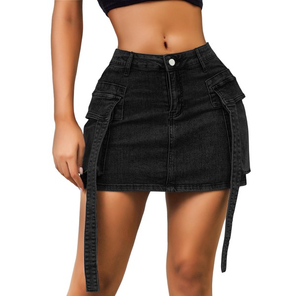 ETOSELL Women’s Low Waist Denim Skirt Button Mini Cargo Jean