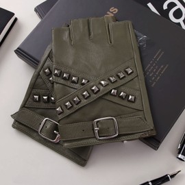 FIORETTO Leather Fingerless Gloves for Men Punk Half Finger Gloves Unlined Genuine Leather Driving Gloves ArmyGreen Medium