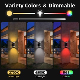 SHIMR Modern RGBCW Outdoor Wall Lights 2 Pack, Color Changing Outdoor Sconce Lights with APP Control, Matte Black Cylinder Exterior Lighting Fixtures Waterproof Up Down Lights for House Porch Garage