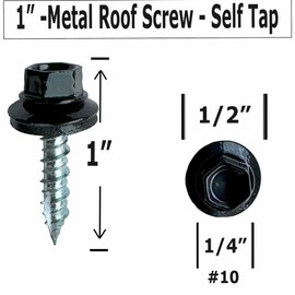 (500) BRAUNY BOY Black Metal Roofing Screws #10 × 1 Inch, Rubber Washer, Sharp Point, Metal to Wood Siding Screws - Qty (500) Screws