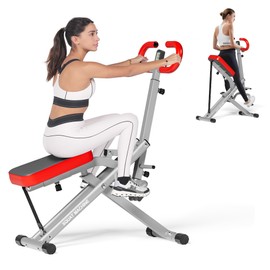 DlandHome Squat Machine, Rowing Machine with 3 High-Strength Resistance Band for Home Gym, Foldable Leg Glute Trainer Squat Assist Trainer for Full Body 330lbs, Red