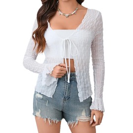 Milumia Women's Y2K Textured Lettuce Trim Tie Front Cardigan Long Sleeve Sheer Shrug Top Cover Ups White Solid Medium