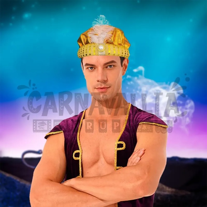 Sombrero Aladdin Turbante Dorado Perlas Cosplay Disfraz Acce Dorado