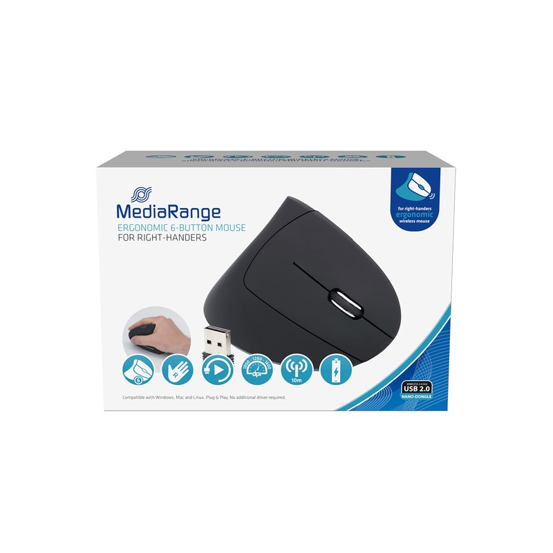 MediaRange ergonomische 6-Tasten Funk-Maus mit optischem Sensor für Rechtshänder, schwarz