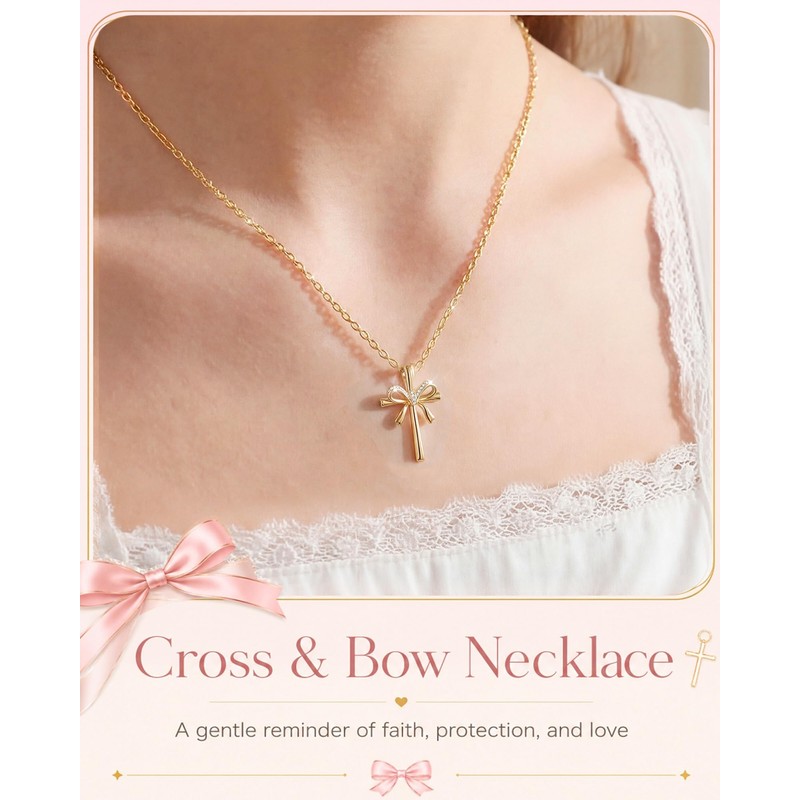 Shonyin Christian Cross Bow Necklace for Girls, Confirmation Gift for