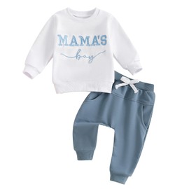 XIXIMAON Mamas Boy Outfits 2pcs Baby Boy Fall Spring Clothes Set Long Sleeve Letter Embroidery Jumper Pants Set Toddler Boy Tracksuits (Blue, 0-6 Months)