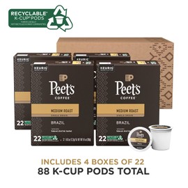 Peet's Coffee, Medium Roast K-Cup Pods for Keurig Brewers - Single Origin Brazil 88 Count (4 Boxes of 22 K-Cup Pods)