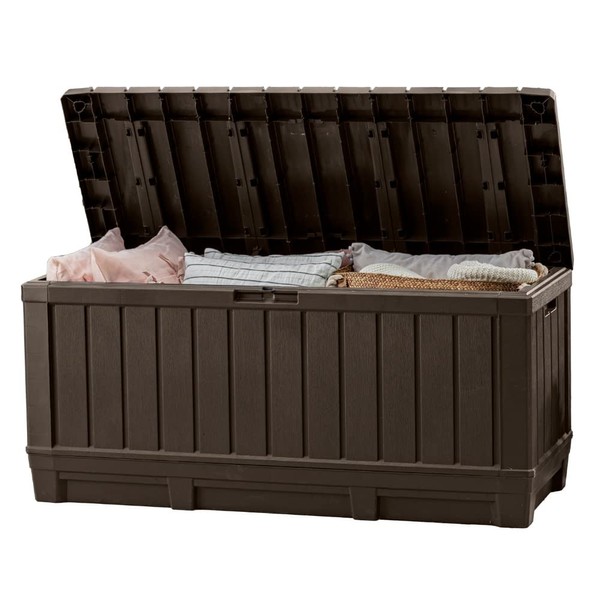 Keter Kentwood 92 Gallon Resin Deck Box-Organization and Storage for Patio Furniture Outdoor Cushions, Throw Pillows, Garden Tools and Pool Toys, Brown
