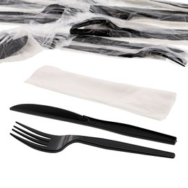 AmerCare Three Piece Meal Kit with 12 x 13 Napkin, and Black Medium-Heavy Weight Fork and Knife, Case of 500