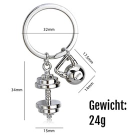 Roar Metal Dumbbell and Kettlebell Keyring Gift for Fitness Lovers, silver