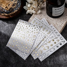 Star Nail Art Stickers Silver Heart Moon Nail Decals 3D Self-Adhesive Gold Sun Nail Stickers Bronzing Nail Art Supplies for Women Girls Nail Manicure Decoration Accessories 6 Sheet