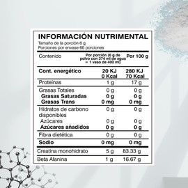 BIOSUPLE Creatina + Beta Alanina 100% puras, sin ingredientes de relleno. 360 g 60 porciones - Suplemento alimenticio en polvo sin sabor.