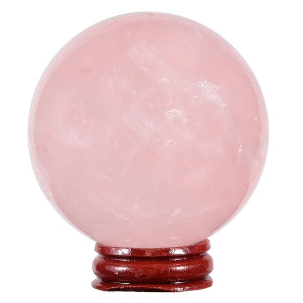 KYEYGWO Natural Rose Quartz Crystal Ball Figure with Wooden Stand, Polished Round Stone Ball Sculpture Fengshui Ornament Gemstone Fortune Telling Ball House Decor for Reiki Healing, Wicca, 65-70 mm