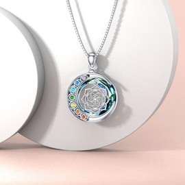 PELOVNY Chakra Flower of Life Necklace 925 Sterling Silver 7 Chakra Crystal Pendant Spiritual Jewelry Gifts for Women