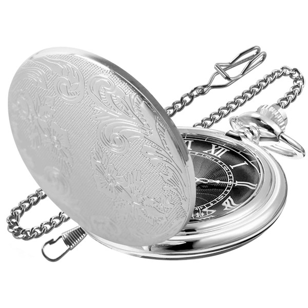 Realpoo Both Sides Sliver Carved Flower Quartz Pocket Watch Quartz