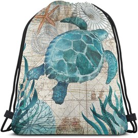 Beabes Sea Turtle Drawstring Bags Backpack Bag Mediterranea Style Sea Theme Outdoor Beach Coastal Animal Sea Fish Sport Gym Sack Drawstring Bag String Bag Yoga Bag for Men Women