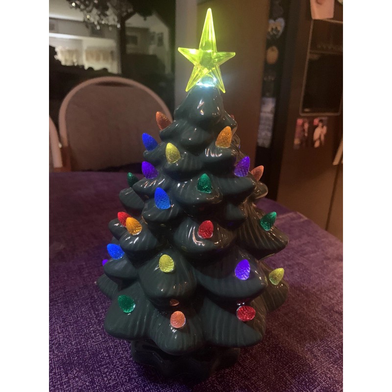 Ceramic Christmas Tree Large Green Tabletop Tree Multicolored Lights 11"