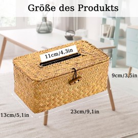 Seagrass Tissue Box, Rectangular Woven Tissue Box, Tissue Box with Lid, Office, Living Room, Dining Room, Bathroom Tissue Organiser, Home Decoration Tissue Box, 23 × 13 × 9 cm Tissue Box (Caramel