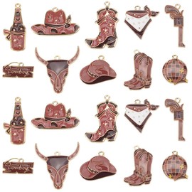 SUNNYCLUE 1 Box 40Pcs 10 Styles Cowboy Themed Charms Western Enamel Charms Bulk Brown Metal Alloy Bull Head Hat Scarf Boot Bottle Charm for Jewellery Making Pendants Bracelet Earrings DIY Crafts