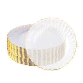 Auch 50 Pack 6 Inch Clear Plastic Plates Gold Rim, Disposable Heavy Duty Salad Dessert Plates- Premium Hard Plastic Plates Fancy Disposable Clear Plates for Weddings, Parties and Events (50 Pack)