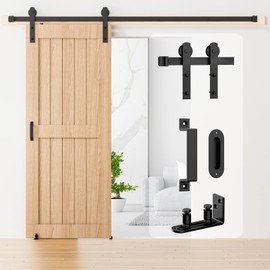 Signstek 5FT Sliding Barn Door Hardware Kit Heavy Duty with Door Hook, Adjustable Floor Guide and 2 Handles -Easy to Install, Smoothly and Quietly, Fit 1 3/8-1 3/4" Thickness -Black, I Shape Hanger