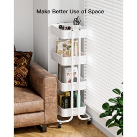 Pipishell 4 Tier Metal Rolling Utility Cart, Heavy-Duty Storage Rolling Cart with 2 Lockable Wheels, Multifunctional Mesh Organization Utility Cart for Kitchen Dining Room Living Room, PIUC13W