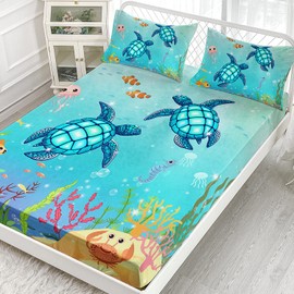 XYNHML Sea Turtle Fitted Sheet Cartoon Turtle Bed Sheets Reptile Sea Animals Wildlife Bed Cover for Teens Adult Includes 1 Fitted Sheet,2 Pillowcases