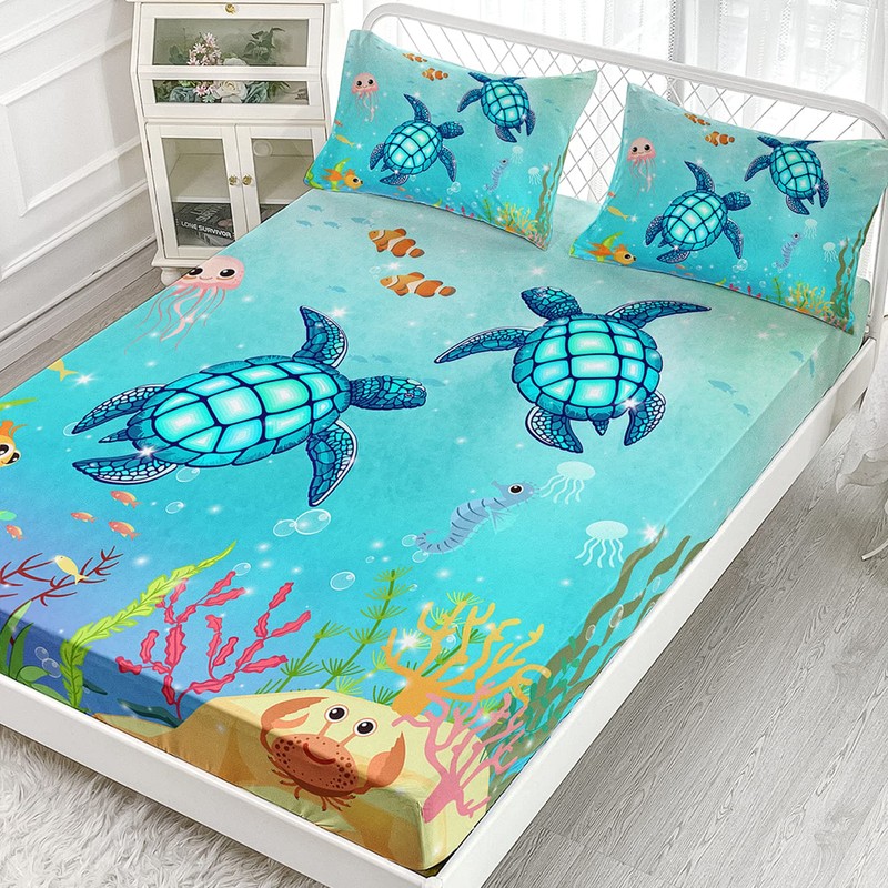 XYNHML Sea Turtle Fitted Sheet Cartoon Turtle Bed Sheets Reptile