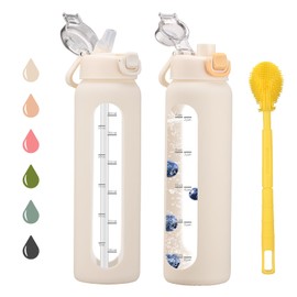 chunmo 32 oz Glass Water Bottles with 2 Lids-Handle Spout Lid & Straw Lid, 1 Liter Motivational Borosilicate Water Bottle with Time Marker and Silicone Sleeve,Leakproof-White-1 Pack