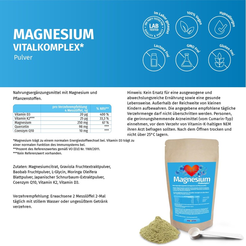 Magnesium Vitalkomplex Pulver mit Magnesium-Citrat, Baobab Fruchtpulver, L-Glycin, Coenzym Q10,