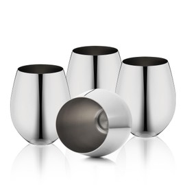 WOTOR Stemless Stainless Steel Wine Glasses Set of 4, 18oz Unbreakable Metal Wine Glass, Fancy, Unique Wine Goblets for Outdoor, Travel, Camping and Pool, Ideal Gift for Wine Lovers (Silver)