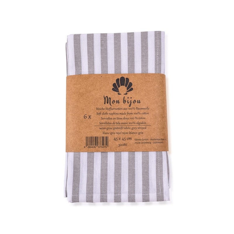 mon bijou® - 6 pleasantly soft fabric napkins, grey-white stripes,