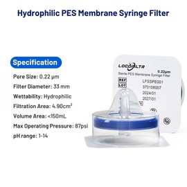 Locofiltr Syringe Filters PES Membrane, Sterile, 33mm Diameter, 0.22um Pore Size, Hydrophilic Filtration, Individually Packed, Pack of 10