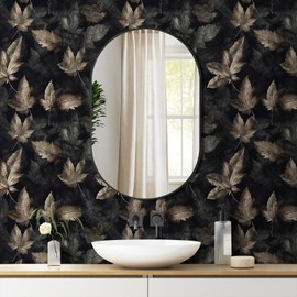 Livelynine 17.5x276 Black and Gold Leaf Peel and Stick Wallpaper Dark Botanical Wall Paper for Bathroom Bedroom Prepasted Art Deco Moody Vintage Contact Paper for Cabinets Walls Renter Friendly Decor