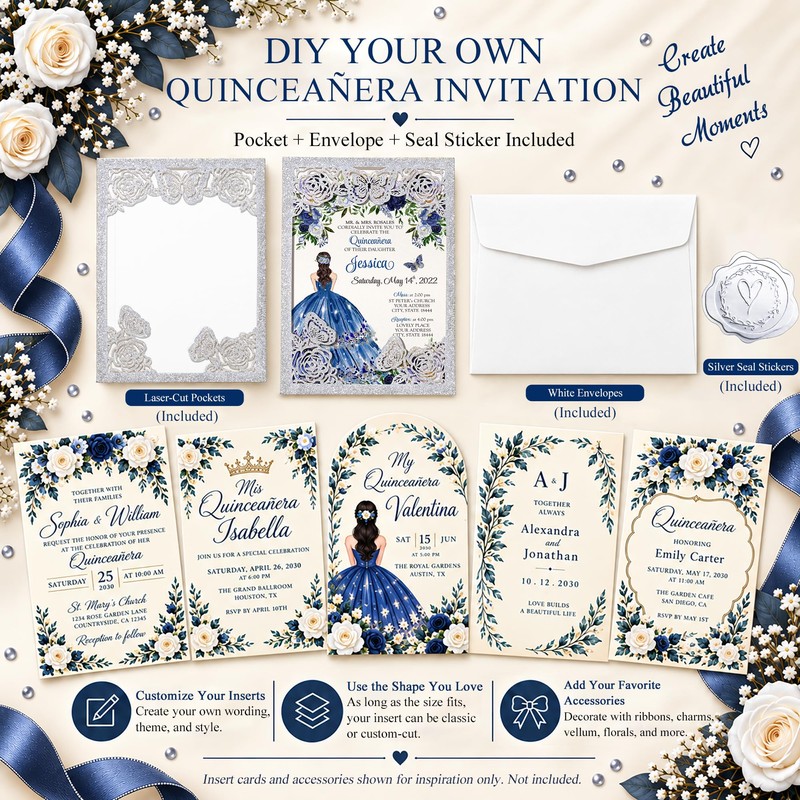 DORIS HOME 50Pcs Glitter Silver Butterfly Quinceanera Invitations, 5" x