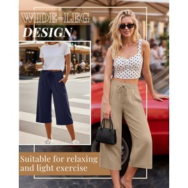 Locoowai 3 Pack Women's Capri Pants, Casual Wide Leg Yoga Pants High Waist Drawstring Cropped Lounge Trousers with Pockets(Black, Navy, Khaki,XX-Large)