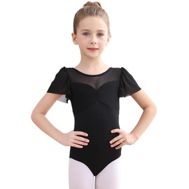 Ballet Leotard for Girls Ruffle Short Sleeve Dance Leotards Bow Back Gymnastics Outfit for Toddler Kids 4-6 Years Black