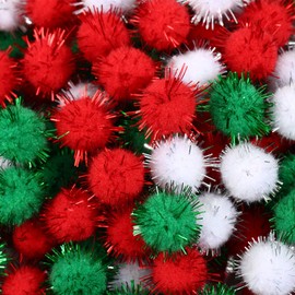 Christmas Pom Poms Glitter Pom Decor for Arts Crafts DIY, Green, White and Red (15 mm, 400 Pieces)