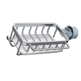 Sponge Holder Over Faucet Kitchen Sink Caddy Organizer Multifunctional Rustproof Sponge Dish Soap Brush Sink Caddy Holder with Drip Tray (Silver)