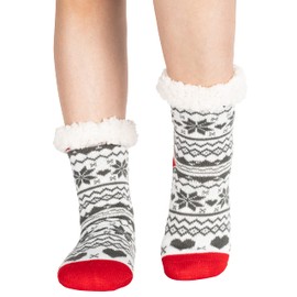 Polar Womens Slipper Socks - Soft Fleece Lined Socks With Sole Grips - Gift Packaging - Snuggly Present For Her - Insulated Warm Fluffy Socks Sherpa Lining - Thermal Socks - Hearts Red UK 5/6