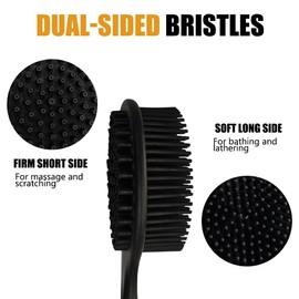 Silicone Back Scrubber for Shower Body Brush with Long Handle Double Sided Bath Exfoliating Massage Brushes Men Women (Black)