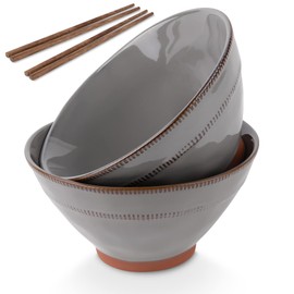 KooK Japanese Ramen Bowls, Microwavable, Dishwasher Safe, Terracotta, for Rice, Udon, Soba, Pho, 36 oz, Carbon Grey, Set of 2, with 2 Sets of Wooden Chopsticks,
