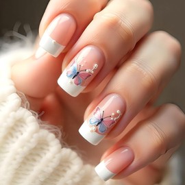 French Tip Press on Nails Short Square Fake Nails with Butterfly Designs White False Nails Pearl Artificial Nails Stick on Nails for Women 24pcs