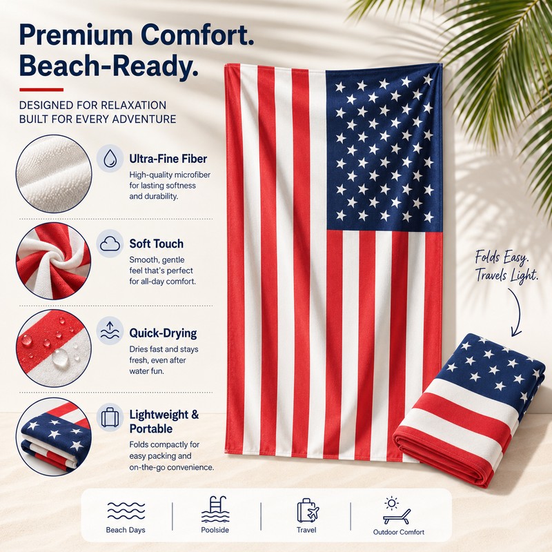 American Flag Beach Towel for Summer Travel – Quick-Dry Soft