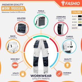 FASHIO FF Men's Cordura Work Pants Tactical Trousers with Utility Tool Pockets Heavy Duty Reinforced Carpenter Safety Pants S1 White W34-L34